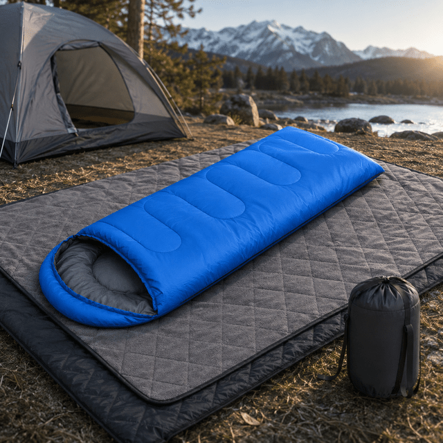 2-in-1 Winter Camping Warmth Kit with Carry Bag: 210 * 75cm Blue Portable Waterproof Warm Sleeping Bag and 200 * 140cm Large Black Double Layer Waterproof Fleece Camping Blanket for Hiking Travel Indoor Outdoor Use - SportZone.co.nz