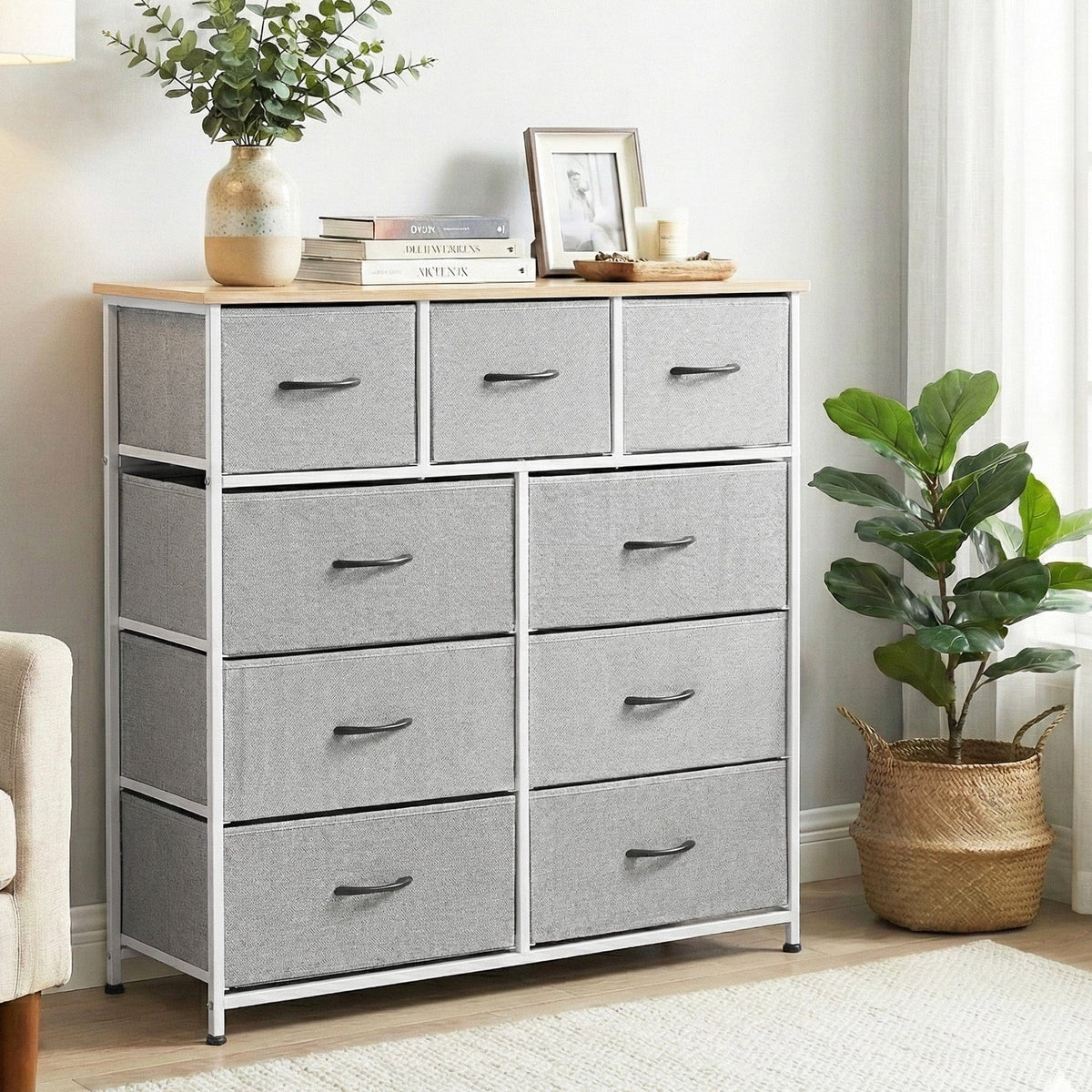 Artiss Chest of 9 Drawers Storage Dresser Tallboy Light Grey - SportZone.co.nz