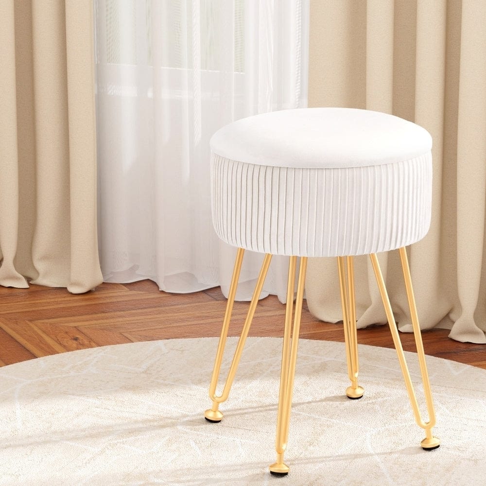 Artiss Ottoman Storage Foot Stool Vanity Velvet Round White - SportZone.co.nz