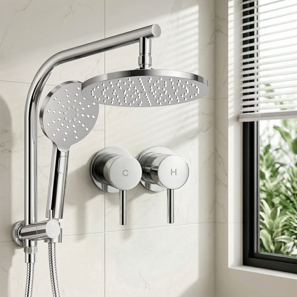 Cefito 9'' Rain Shower Head Set Handheld Round High Pressure Twins Tap Chrome - SportZone.co.nz
