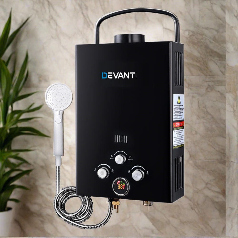 Devanti Portable Gas Water Heater 8L/Min With Pump LPG System Black - SportZone.co.nz