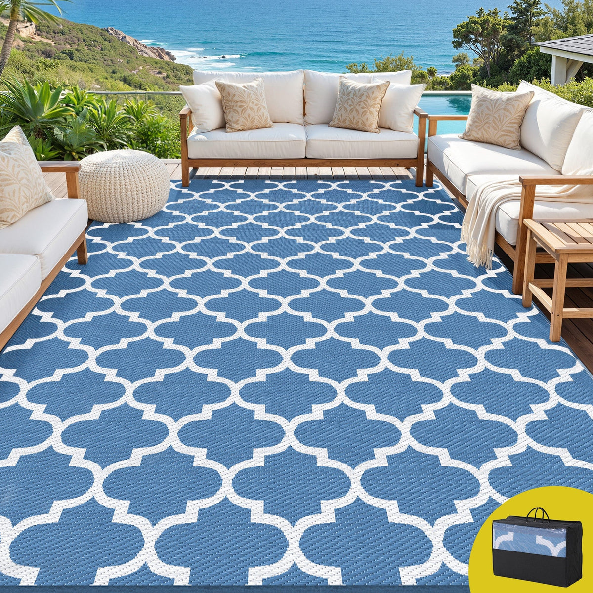 Gardeon Outdoor Rugs 274x366cm Large Carpet Reversible Area Mat PP Dual - Sided Patio Rug Blue - SportZone.co.nz