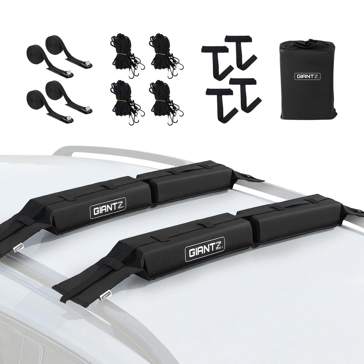 GIANTZ Kayak Roof Rack for Car, Universal Soft Roof Rack Pads for Surfboard SUP Canoe, Roof Bars for SUV Sedan without Side Rails, Portable Cross Bars with 4.5m Tie Down Straps & Ropes, 80kg Capacity - SportZone.co.nz