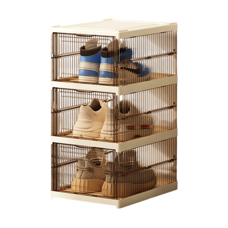 Transparent Brown 3 - Layer Foldable Shoe Storage Tower with Transparent Display Panel & Back Ventilation - One - Pull Instant Setup Stackable Box (25.5x34.5x52.5CM) - SportZone.co.nz