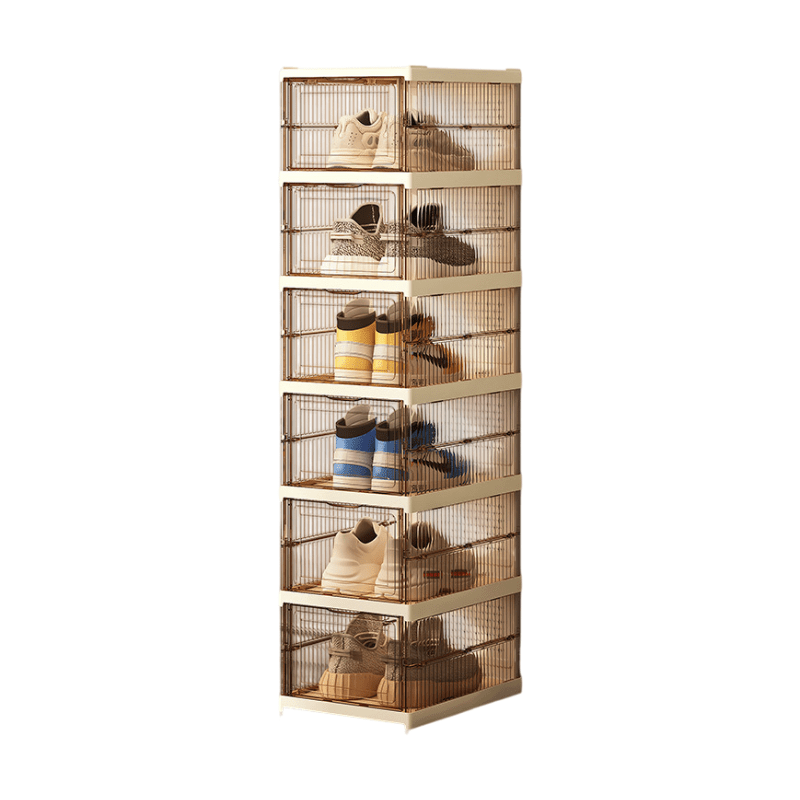 Transparent Brown 6 - Layer Foldable Shoe Storage Tower with Transparent Display Panel & Back Ventilation - One - Pull Instant Setup Stackable Box (25.5x34.5x105CM) - SportZone.co.nz