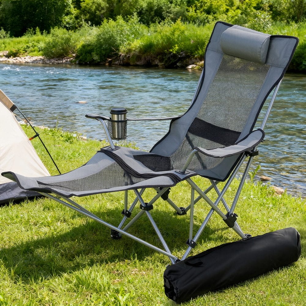 Weisshorn Camping Chair Adjustable Reclining Portable Outdoor Folding Chair Grey - SportZone.co.nz