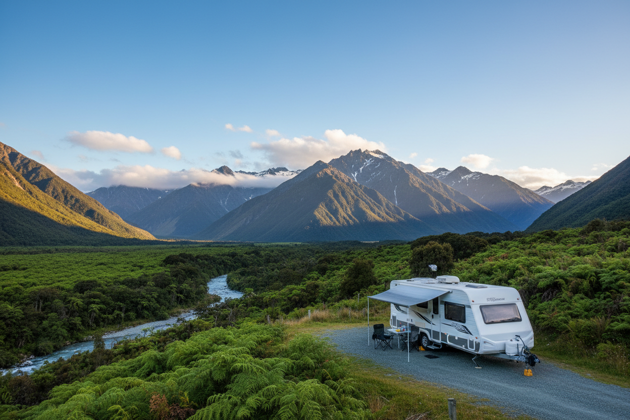 Modern caravan parked in a natural setting with privacy screen, cover, and accessories set up for camping.