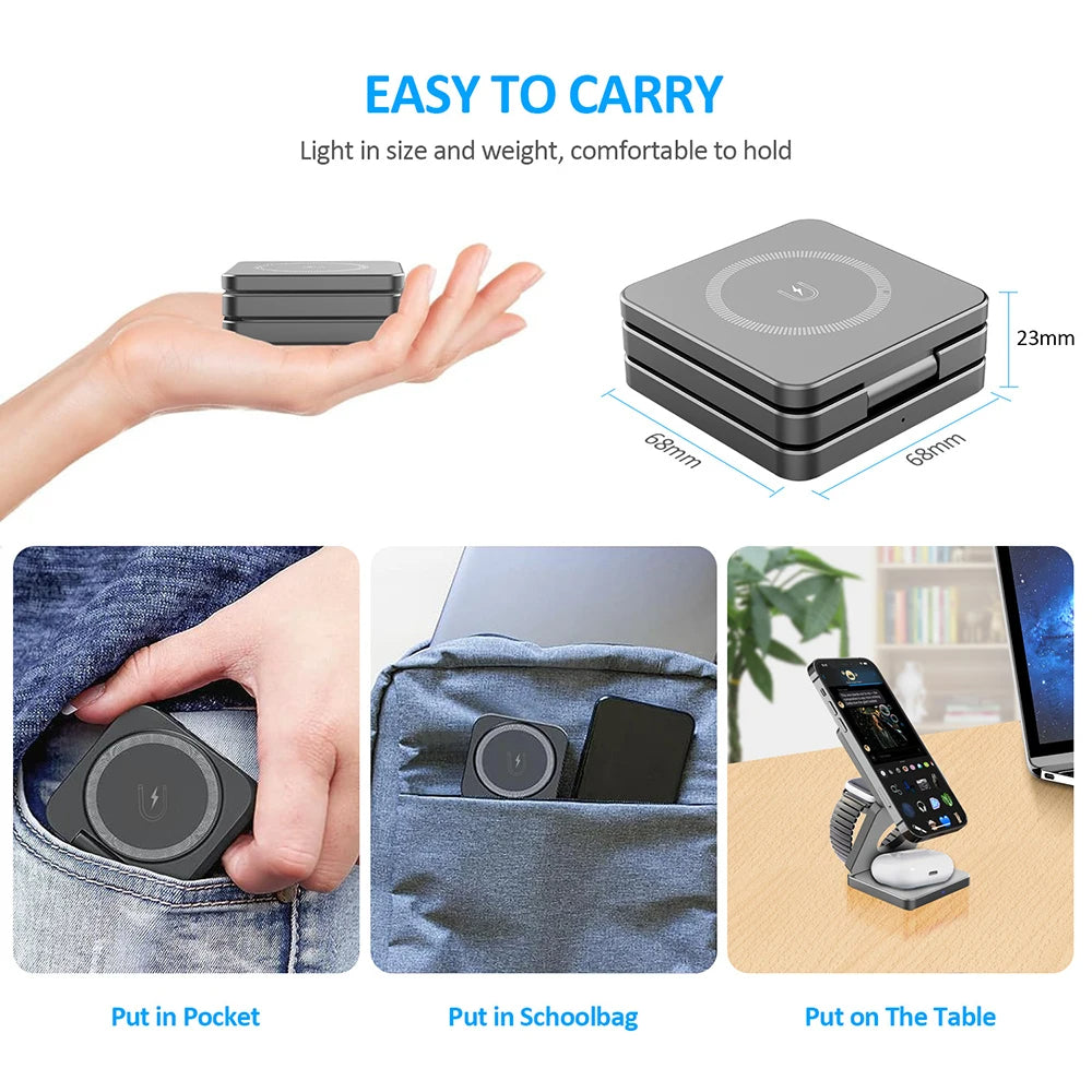 3-in-1 Foldable Magnetic Wireless Charging Station for iPhone 12-15 Pro Max & Apple Watch 8/9