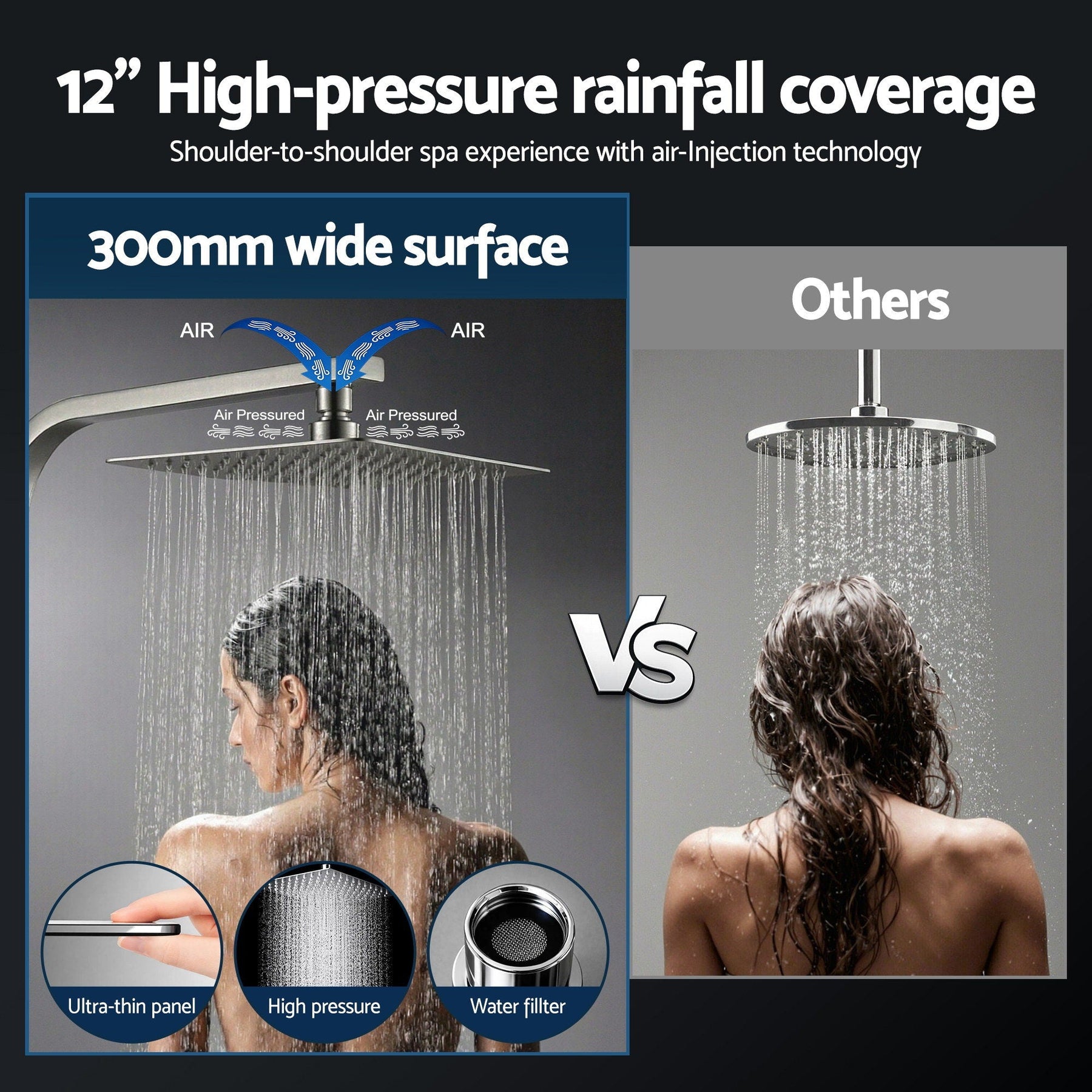12" Rain Shower Head Set with 3 - Mode Handheld Brass High Pressure WELS Chrome - SportZone.co.nz