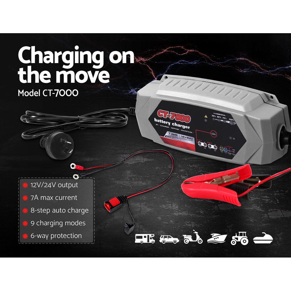 12V Automotive Car Battery Charger 24V 7Amp Vehicle Truck Chargers AGM - SportZone.co.nz