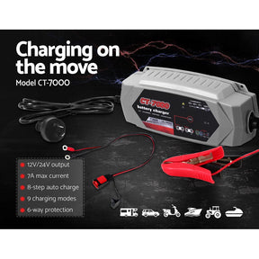 12V Automotive Car Battery Charger 24V 7Amp Vehicle Truck Chargers AGM - SportZone.co.nz