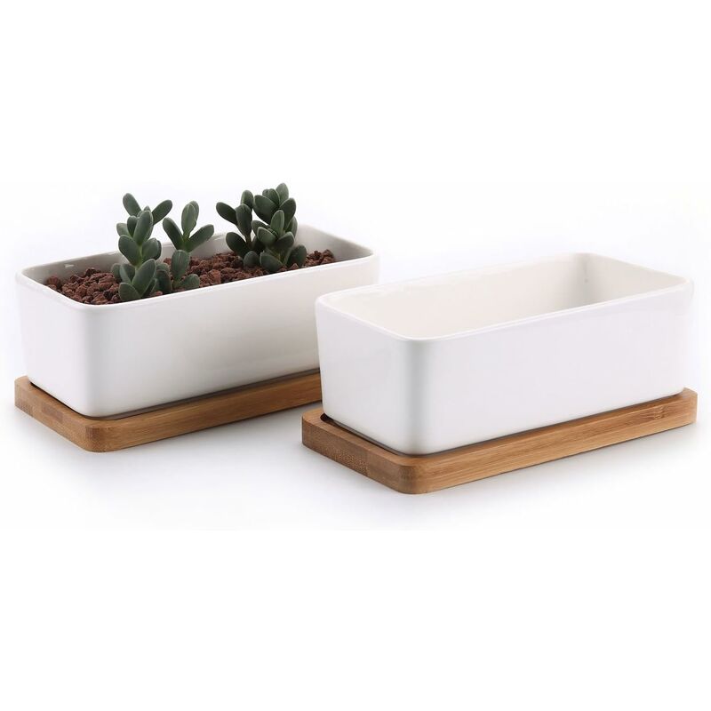 17Cm Ceramic Succulent Pot With Bamboo Tray White 2 pcs Set, Cactus Planter Cache Pot Jardinière Container Gift For - SportZone.co.nz