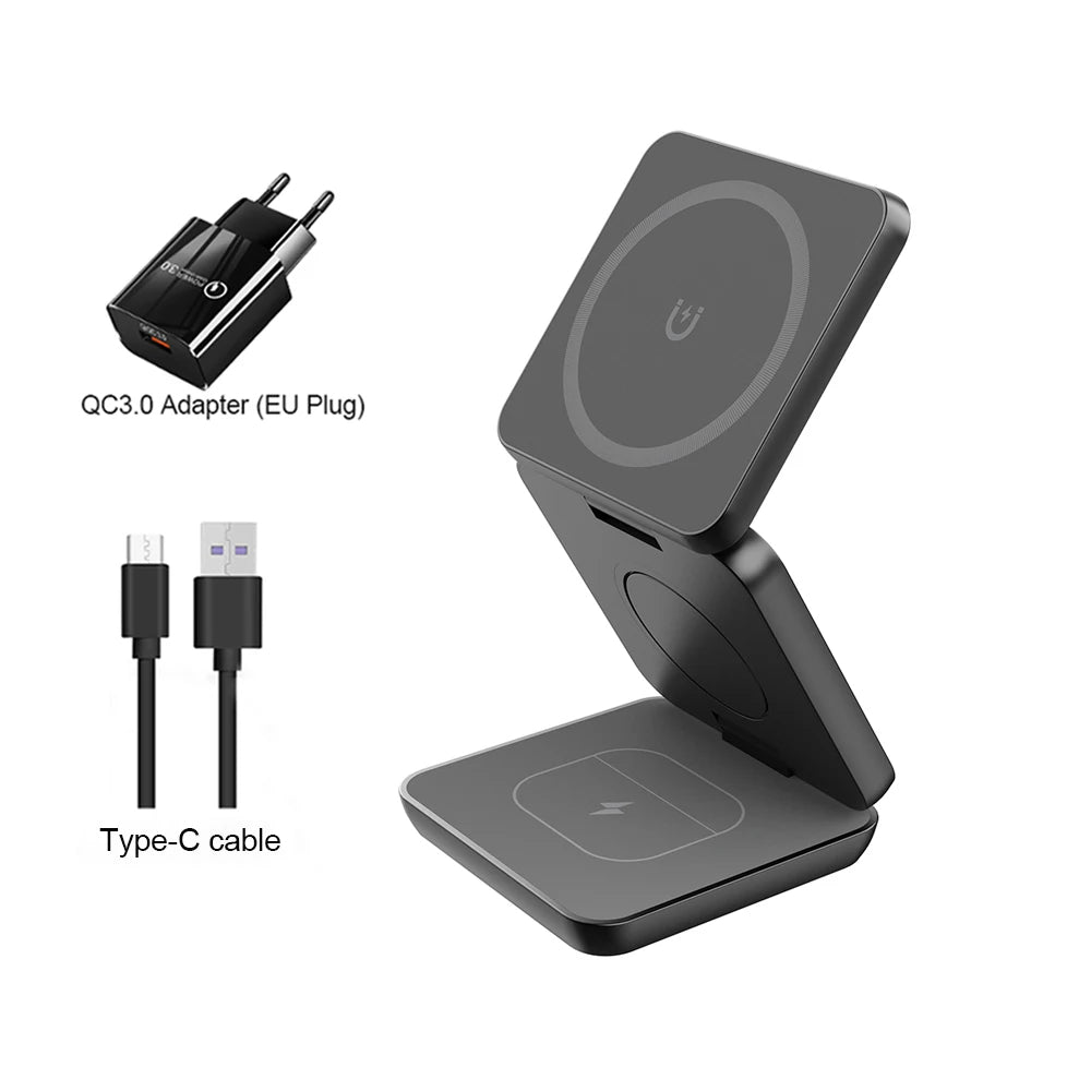 3-in-1 Foldable Magnetic Wireless Charging Station for iPhone 12-15 Pro Max & Apple Watch 8/9