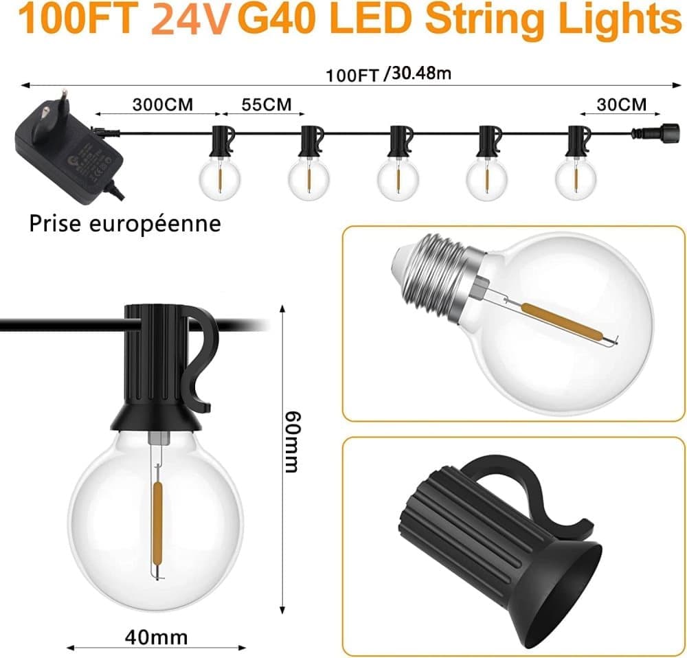 52 LED String Lights Waterproof G40 for Outdoor, 30m - SportZone.co.nz