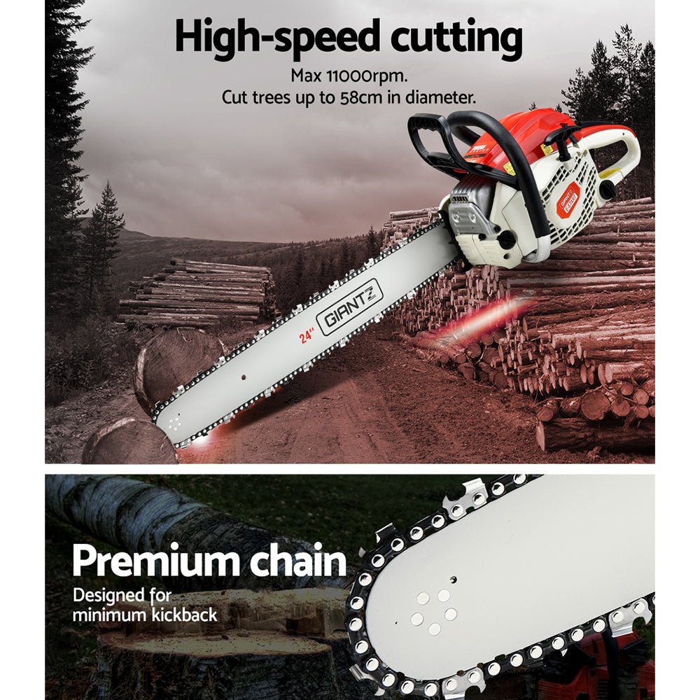 65cc Petrol Chainsaw 24" Bar – Powerful 2 - Stroke E - Start Giantz Chain Saw - SportZone.co.nz