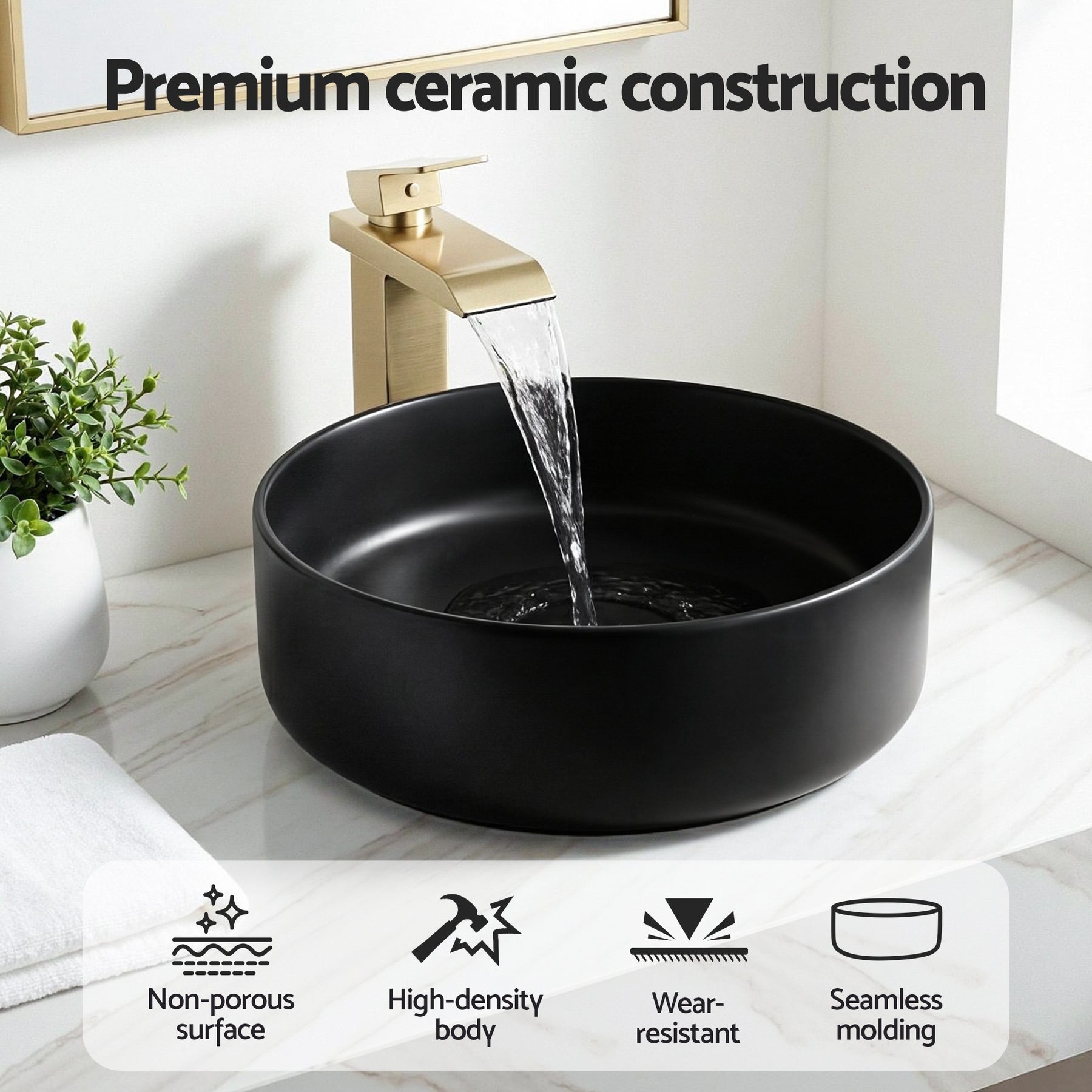 Cefito Bathroom Basin Ceramic Vanity Sink Vessel Bowl Wash Matte Black Round Countertop