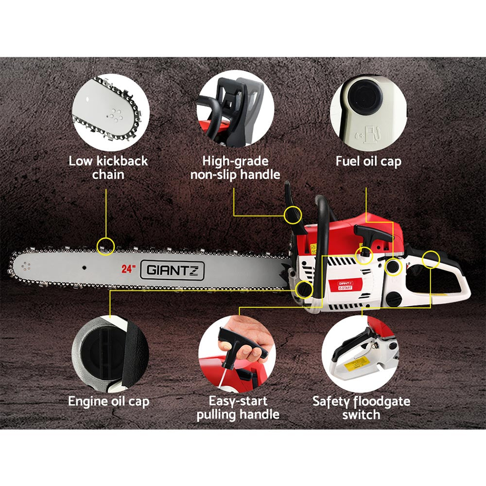 Giantz Chainsaw Petrol 62CC 24" Bar Commercial E-Start Pruning Chain Saw