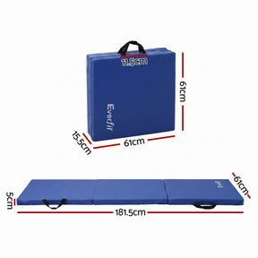 Everfit 180x60cm Gymnastics Mats Folding Exercise Floor Mat Portable 3 Fold Tumbling Mat Blue