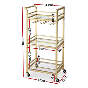 Artiss Kitchen Island Cart Trolley Rolling Serving Storage Wine Glass 43cm Gold