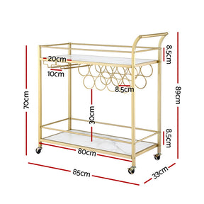 Artiss Bar Cart Drinks Trolley Serving Wine Rack Glass Holder Marble 85cm Gold