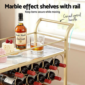 Artiss Bar Cart Drinks Trolley Serving Wine Rack Glass Holder Marble 85cm Gold