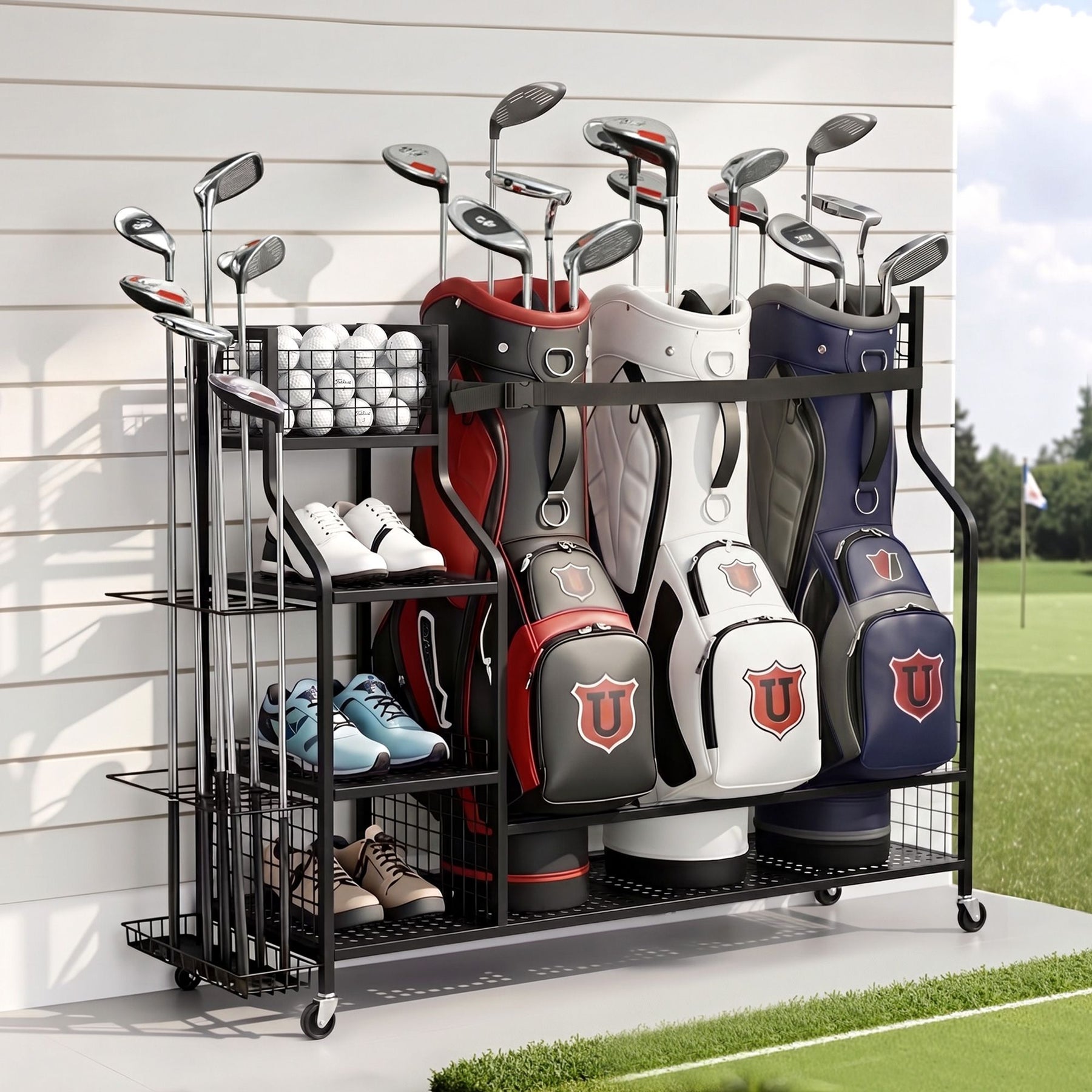 Everfit Golf 3 Bag Storage Golf Storage Garage Organiser with Wheels Black