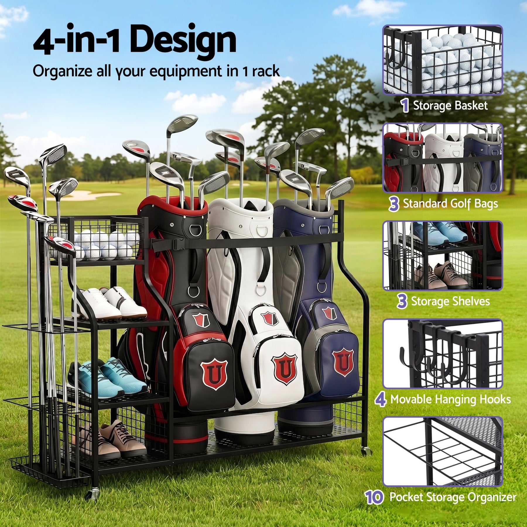 Everfit Golf 3 Bag Storage Golf Storage Garage Organiser with Wheels Black