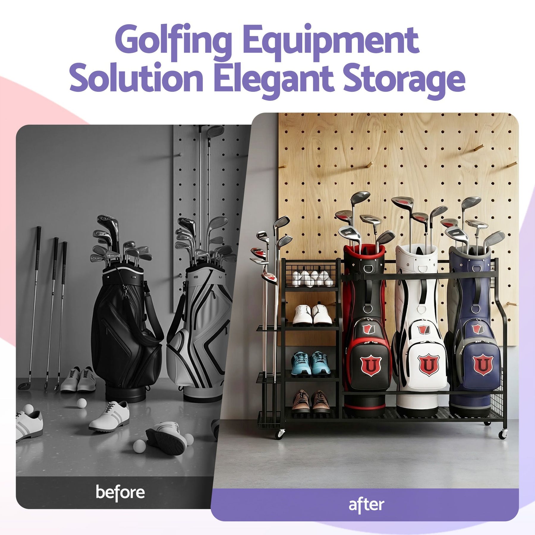 Everfit Golf 3 Bag Storage Golf Storage Garage Organiser with Wheels Black
