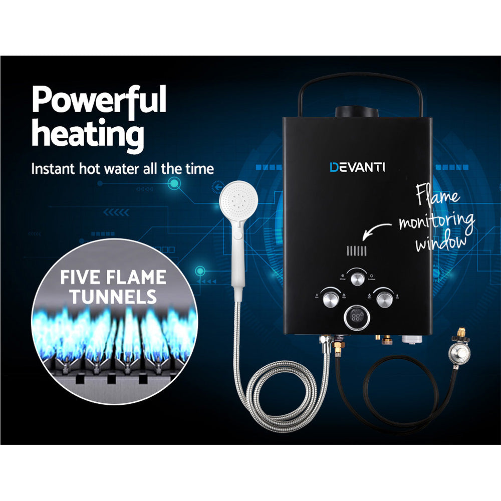 Devanti Portable Gas Water Heater 8L/Min With Pump LPG System Black