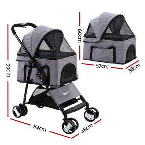 i.Pet Pet Stroller Dog Pram Cat Carrier Travel Large Pushchair Foldable 4 Wheels Grey