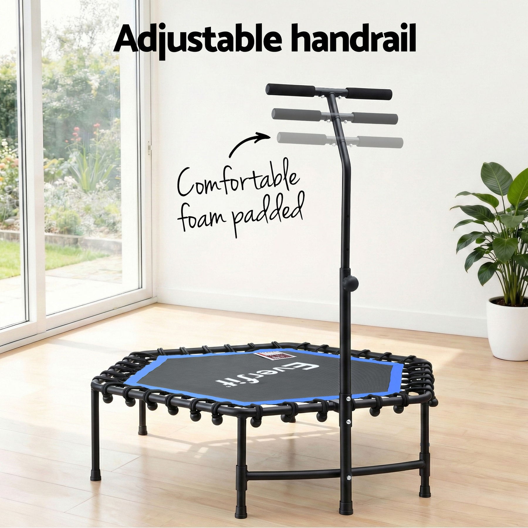 Everfit 48inch Hexagon Fitness Trampoline Rebounder Adjustable Handrail Blue