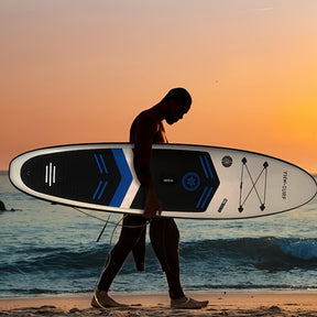 Inflatable vertical paddle set for water sports and surfing-including air pump, paddle, rope, backpack, fin box and maintenance tools.