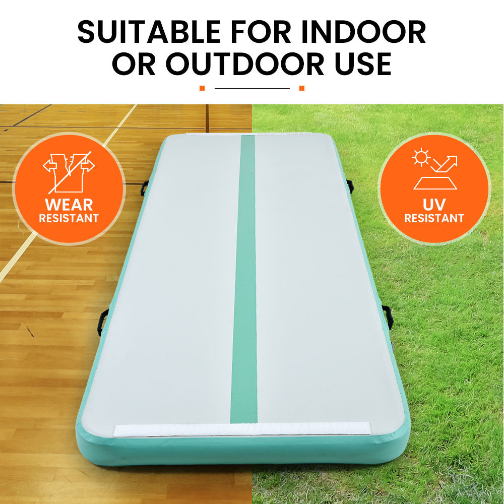 PROFLEX  800x100x20cm Inflatable Air Track Mat Tumbling Gymnastics, Mint & Grey, with Electric Pump