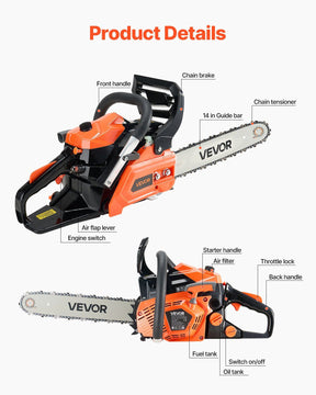 40 cc Gas Chainsaw, 355 mm Gas Powered Chainsaw, 1.3 kW Power Chain Saw with Non-Slip Handle, Gas-Powered Chainsaws with Dual Fuel Tanks, For Wood Cutting, Tree Trimming, and Land Clearing