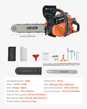 40 cc Gas Chainsaw, 355 mm Gas Powered Chainsaw, 1.3 kW Power Chain Saw with Non-Slip Handle, Gas-Powered Chainsaws with Dual Fuel Tanks, For Wood Cutting, Tree Trimming, and Land Clearing