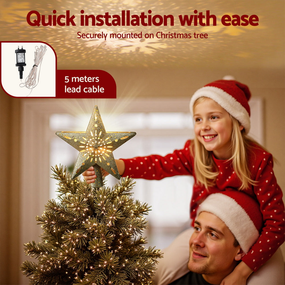 Jingle Jollys Christmas Tree Topper Star Snowflake Projector Party Glitter Gold