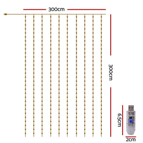 Jingle Jollys 3X3M Christmas Lights Curtain String Light 300 LED Warm White