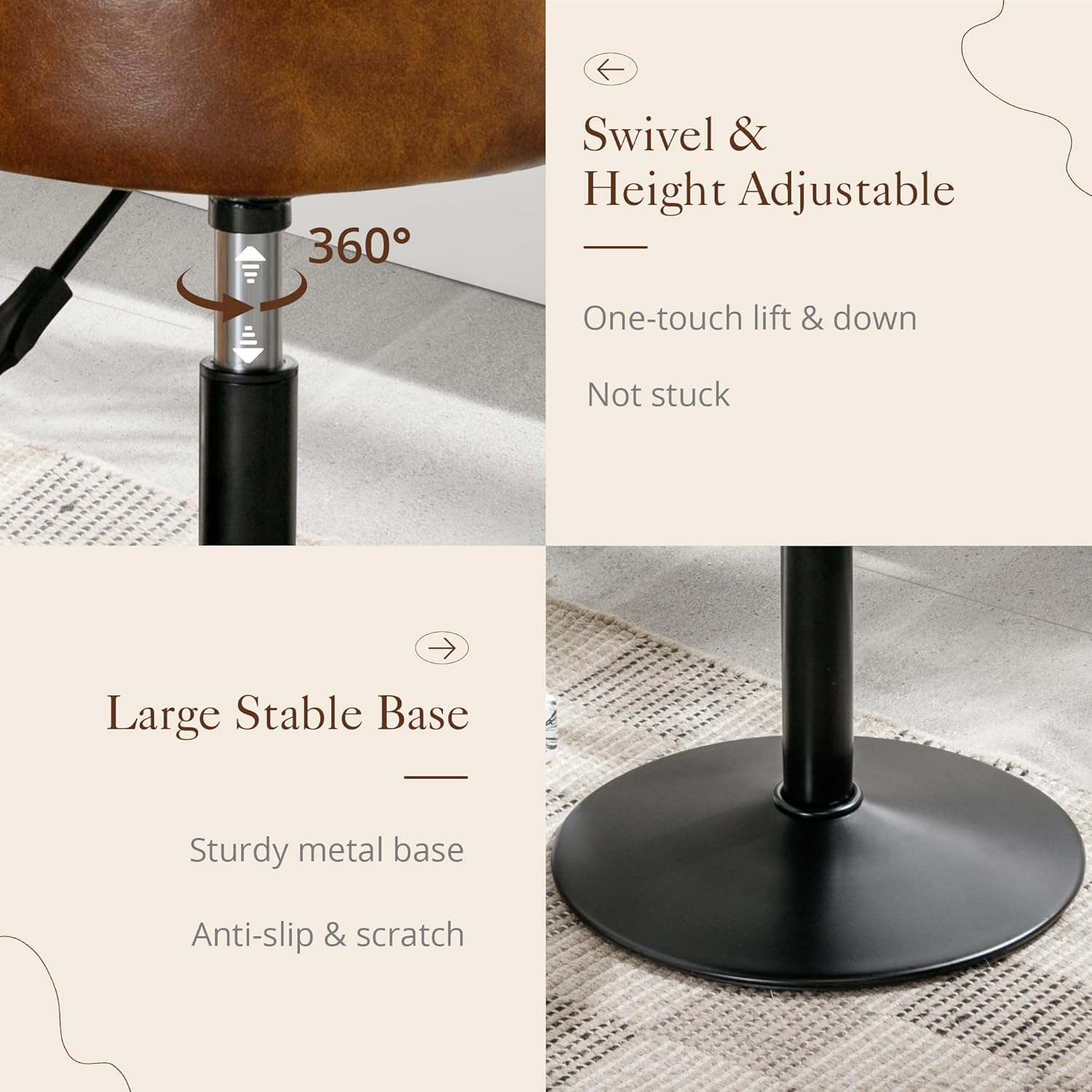 Adjustable Vanity Stool NZ – Brown Faux Leather Chair, 360° Swivel Makeup Stool, Height Adjustable Vanity Seat - SportZone.co.nz