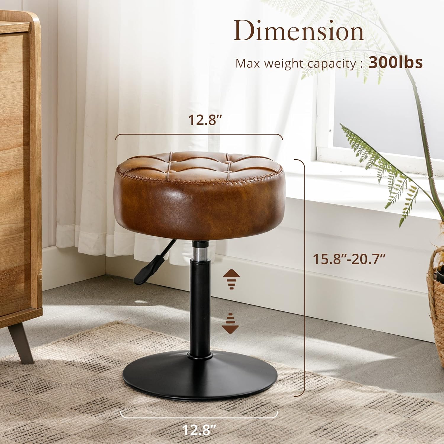 Adjustable Vanity Stool NZ – Brown Faux Leather Chair, 360° Swivel Makeup Stool, Height Adjustable Vanity Seat - SportZone.co.nz