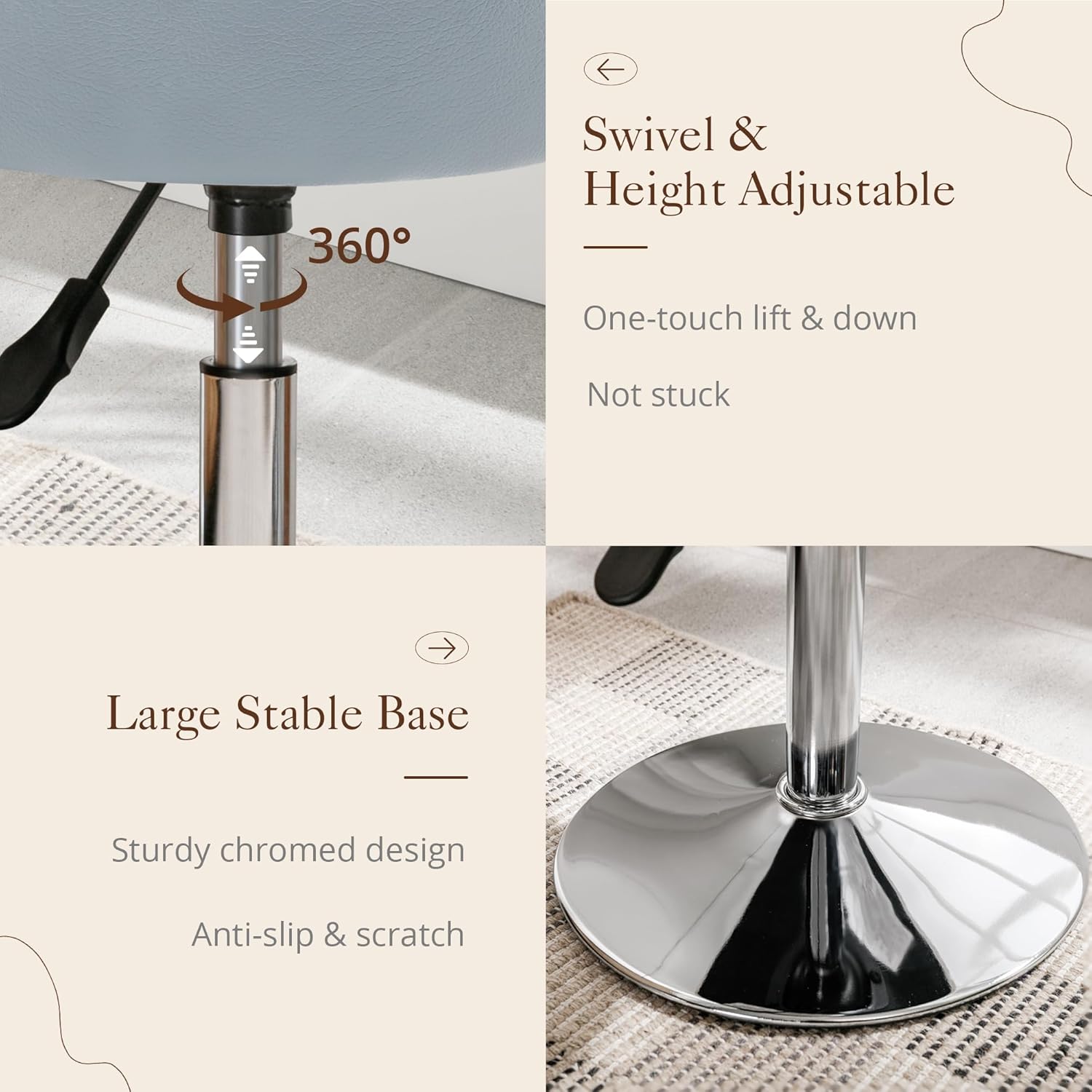 Adjustable Vanity Stool NZ – Grey Blue Faux Leather Chair, 360° Swivel Makeup Stool, Height Adjustable Vanity Seat - SportZone.co.nz