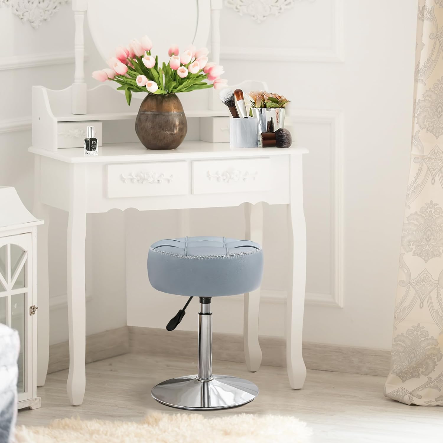 Adjustable Vanity Stool NZ – Grey Blue Faux Leather Chair, 360° Swivel Makeup Stool, Height Adjustable Vanity Seat - SportZone.co.nz