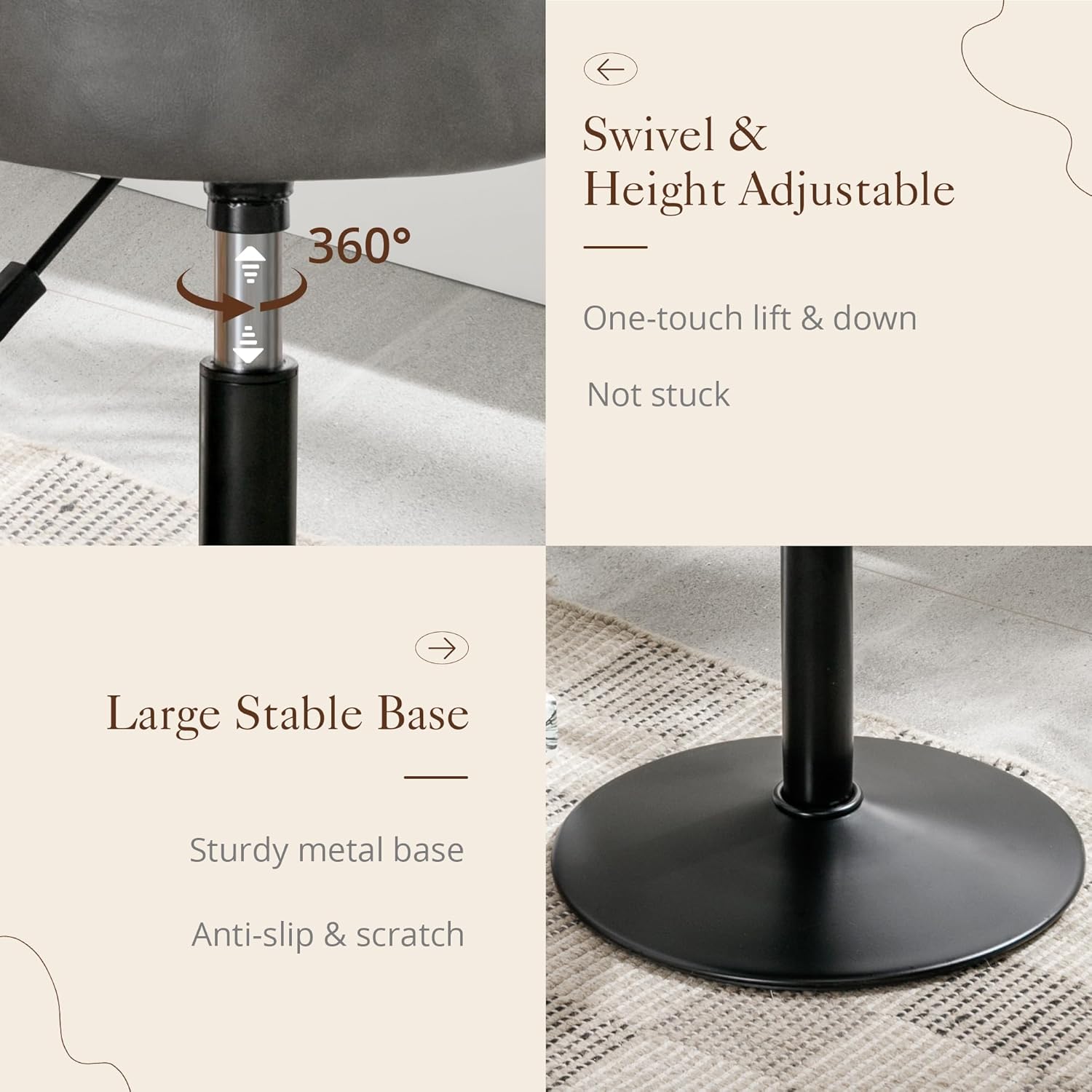 Adjustable Vanity Stool NZ – Grey Faux Leather Chair, 360° Swivel Makeup Stool, Height Adjustable Vanity Seat - SportZone.co.nz