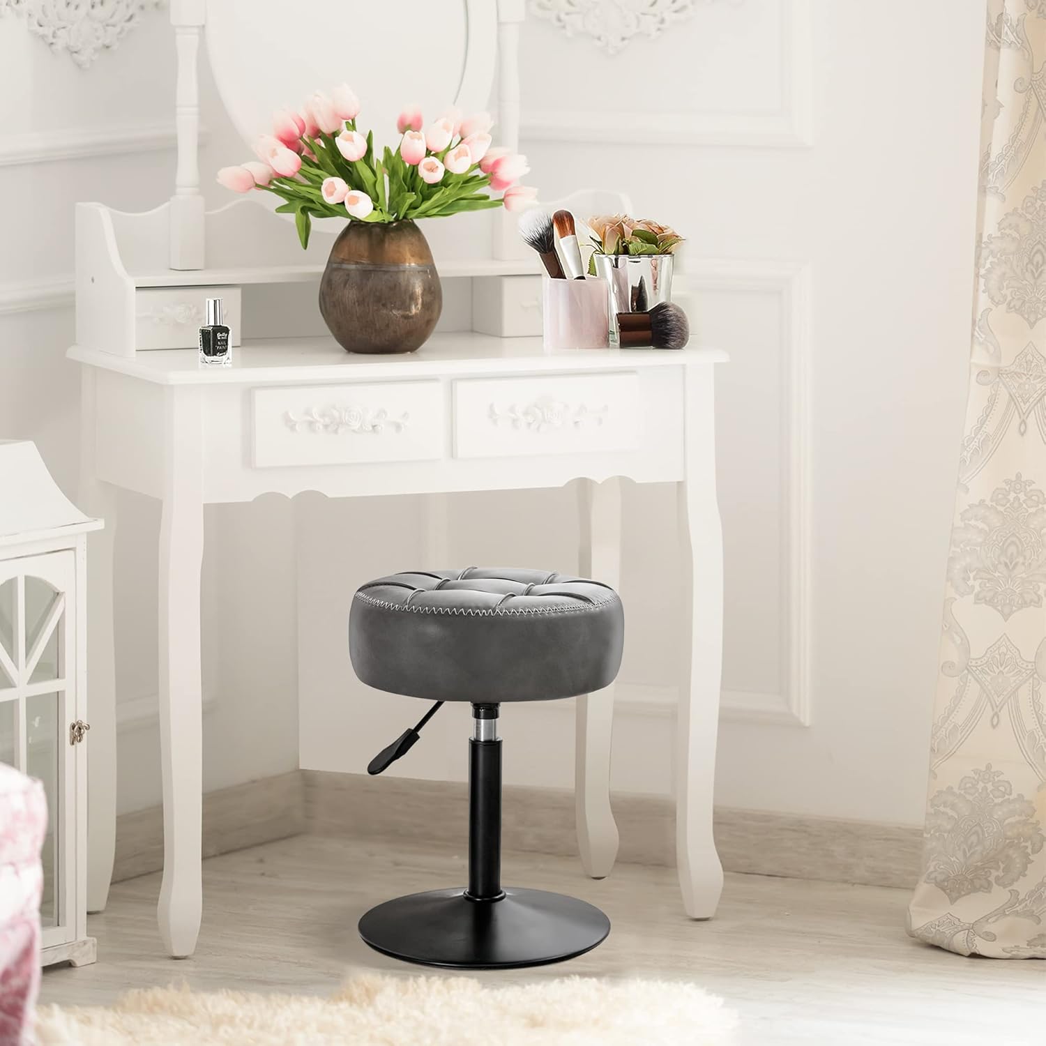 Adjustable Vanity Stool NZ – Grey Faux Leather Chair, 360° Swivel Makeup Stool, Height Adjustable Vanity Seat - SportZone.co.nz