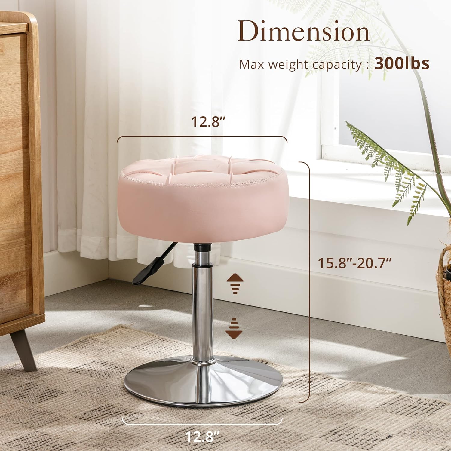 Adjustable Vanity Stool NZ – Pink Faux Leather Chair, 360° Swivel Makeup Stool, Height Adjustable Vanity Seat - SportZone.co.nz