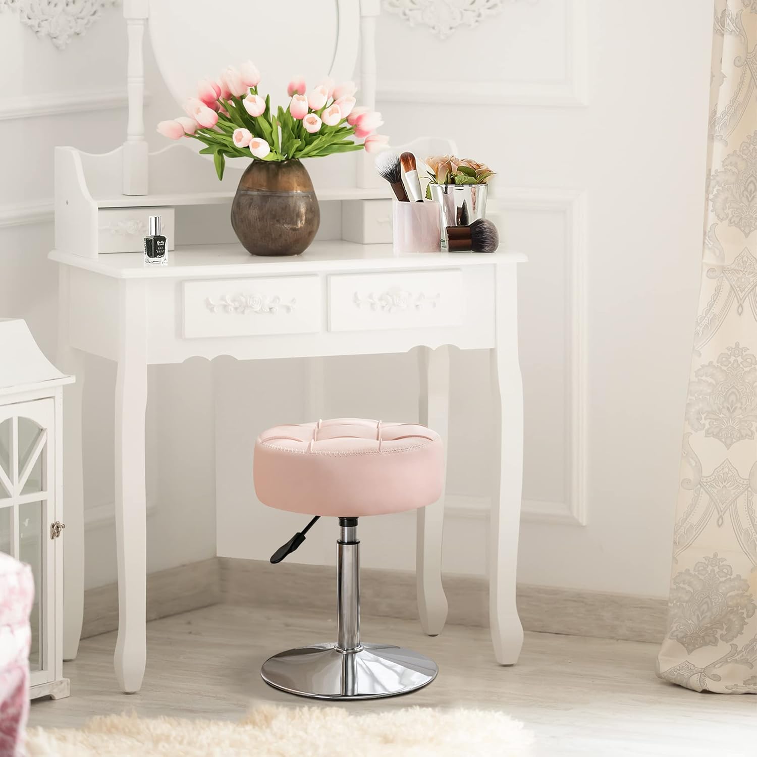 Adjustable Vanity Stool NZ – Pink Faux Leather Chair, 360° Swivel Makeup Stool, Height Adjustable Vanity Seat - SportZone.co.nz