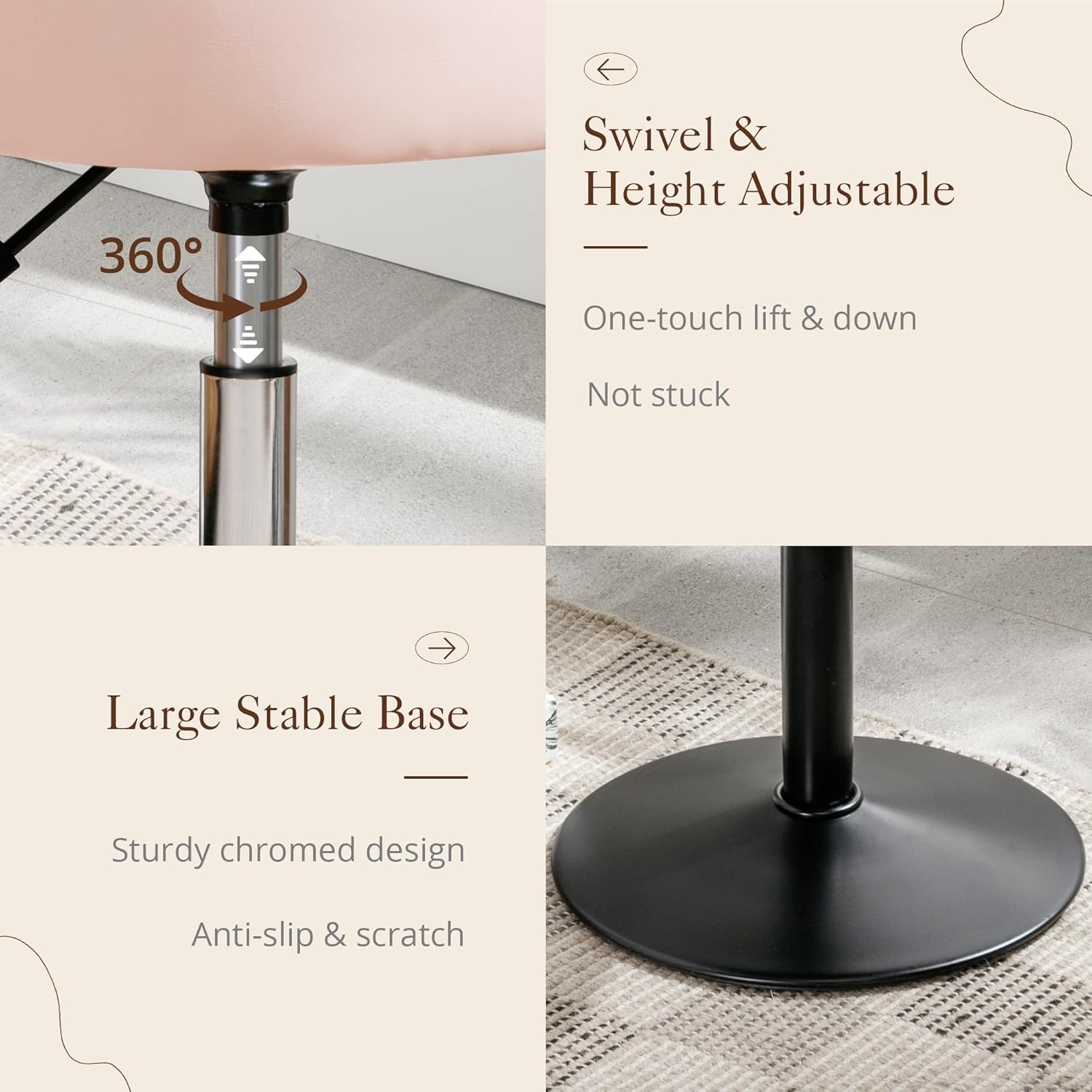 Adjustable Vanity Stool NZ – Pink Faux Leather Chair, 360° Swivel Makeup Stool, Height Adjustable Vanity Seat - SportZone.co.nz