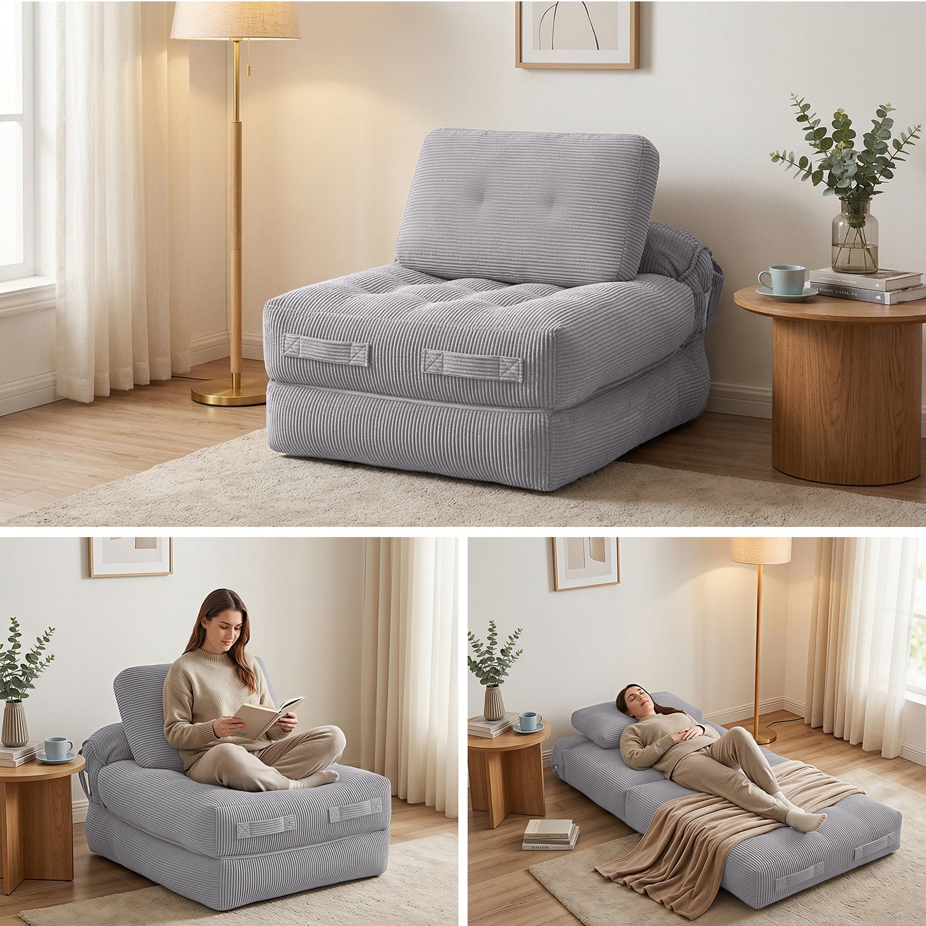 Artiss 1 Seater Corduroy Convertible Sofa Bed Pull Out Boneless Couch Grey - SportZone.co.nz