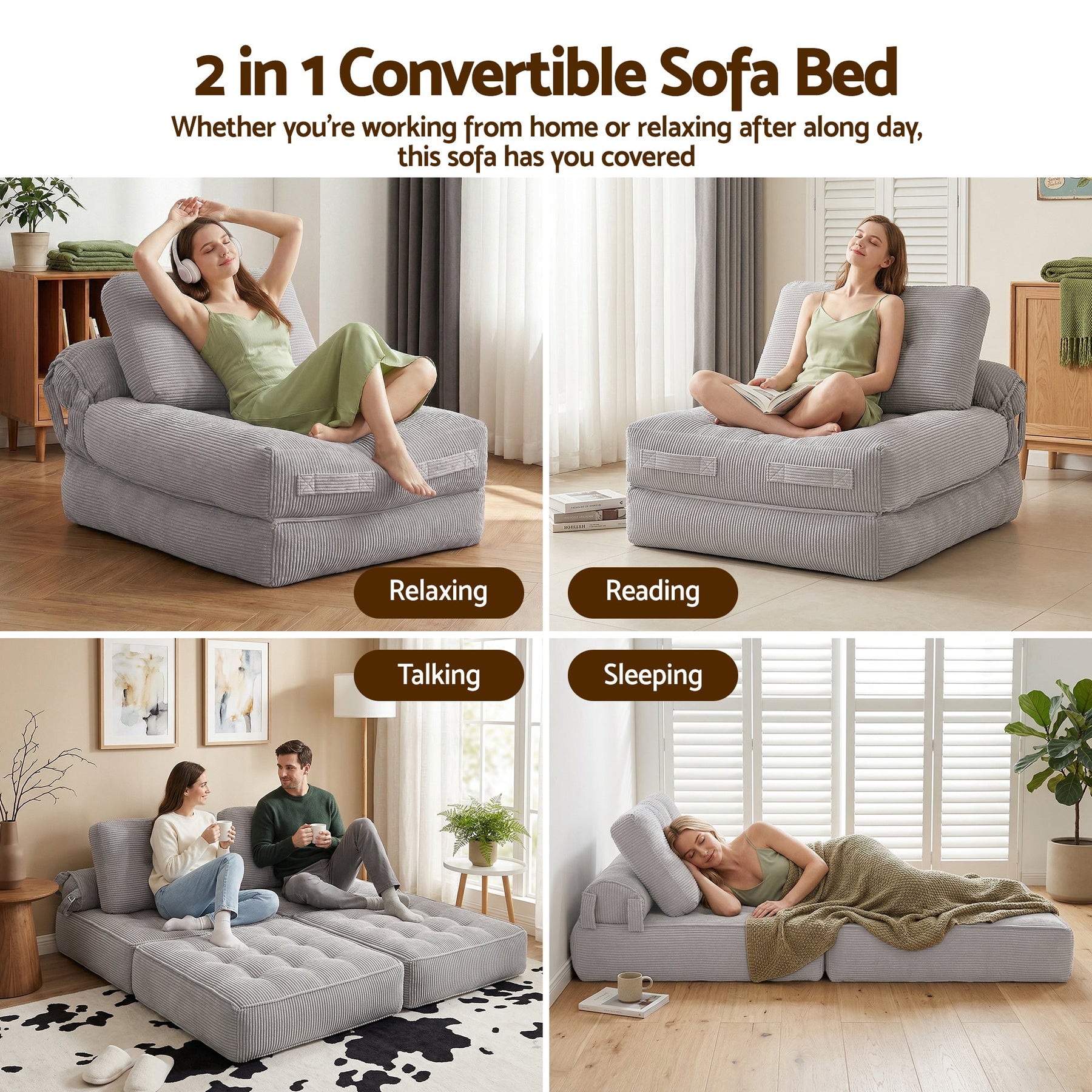 Artiss 1 Seater Corduroy Convertible Sofa Bed Pull Out Boneless Couch Grey - SportZone.co.nz