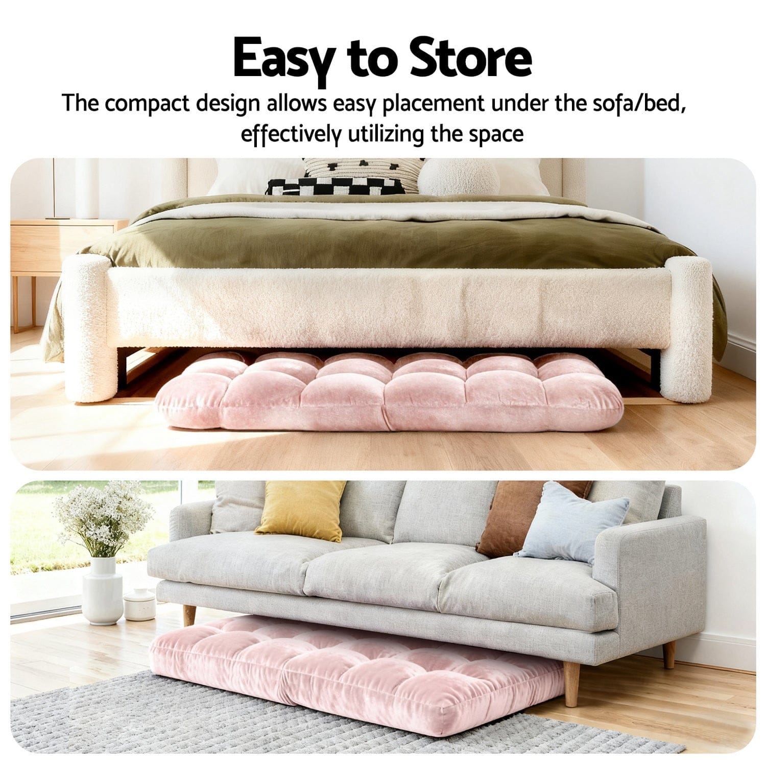 Artiss 2PCS Floor Lounge Sofa Bed Flannel Fabric Pink - SportZone.co.nz