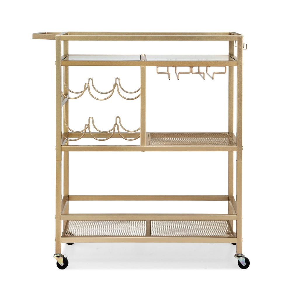 Artiss Bar Cart Drinks Trolley Serving Wine Rack Glass Holder 3 Hooks 72cm Gold - SportZone.co.nz